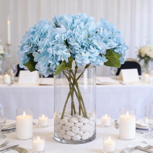 Kimura's Cabin 6pcs Fake Hydrangeas Flowers Artificial Hydrangea,Light Blue | Silk Hydrangea with Stems Faux Flower,Wedding Party Bouquets Arrangement Farmhouse Garden Home Table Centerpieces Decoration - color: Lake Water Blue