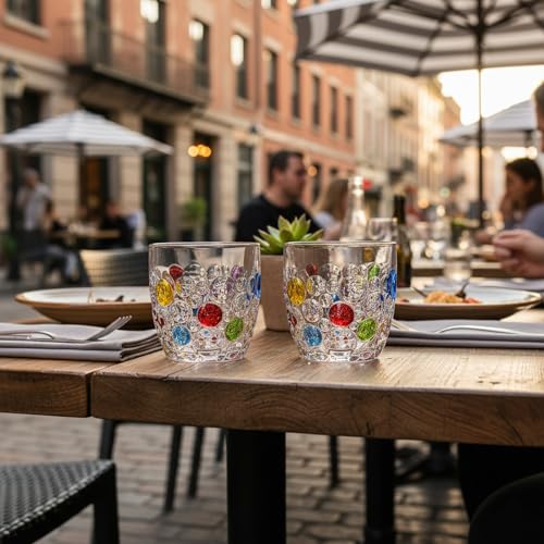Handmade Crystal Water Glasses, So Cute, Colored Beaded, Set of 6, Bubble Design, 11oz Modern Hobnail Drinking Glasses, for Water,Whiskey, Wine, Beer,Juice,Cocktail,Coffee, Champagne, Gift