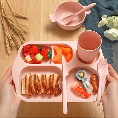 Honoson 24 Pcs Wheat Straw Dinnerware Cutlery Set, Service for 4, Unbreakable Plates and Bowls Set - Divided Plates, Bowls, Spoons, Forks & Knives, Microwave & Dishwasher Safe(Pink) - color: Pink