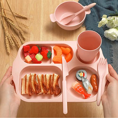 Honoson 24 Pcs Wheat Straw Dinnerware Cutlery Set, Service for 4, Unbreakable Plates and Bowls Set - Divided Plates, Bowls, Spoons, Forks & Knives, Microwave & Dishwasher Safe(Pink) - color: Pink