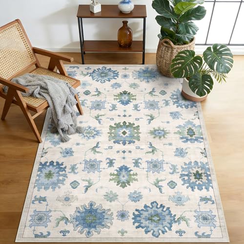 BLISSA Washable 3x5 Entryway Rug Blue Sage Green Oushak Print Door Mat | Non-Slip Oriental Ultra-Thin Distressed Carpet Soft Boho Bedside Throw Rug for Indoor Kitchen Bedroom Bathroom Dorm Nursery - color: Blue / Sage Green, size: 3' x 5' (Rectangular)