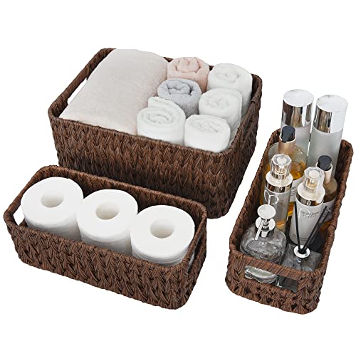 GRANNY SAYS Storage Baskets for Shelves, Waterproof Basket for Organizing | Small Woven Storage Baskets for Shelf, Rattan Basket for Organizing, Wicker Basket Set, 3-Pack Small Waterproof Baskets - color: Brown, size: 14½"L x 10¼"W x 7"H + 2x 13"L x 6"W x