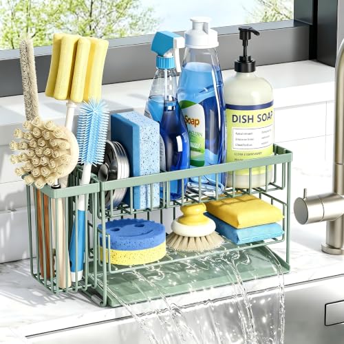 Cisily Sage Green 2-Tier Kitchen Sink Caddy Organzier Rack with Flexible Dish Brush Holder, Sponge Holder for Kitchen Sink Countertop Organization Storage, Home Decor - color: Sage Green