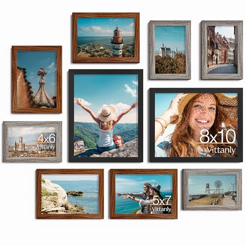Vittanly 10 Pack Gallery Wall Frame Set, Black, Walnut Brown, Dark Grey | Gallery Wall Frame Set: 2pcs 8x10, 4pcs 5x7 & 4pcs 4x6 Photos for Wall & Table, Picture Frames made of Engineered Wood - color: Black & Walnut Brown & Dark Grey