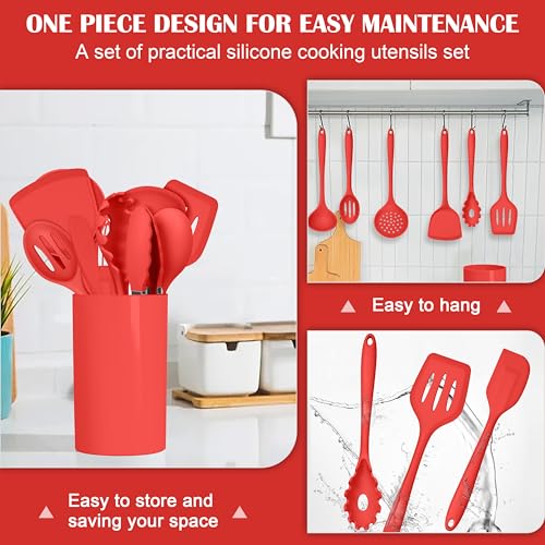 HaWare Kitchen Utensils, 14 PCS Silicone Cooking Utensils Set, Heat Resistant Kitchen Utensils for Non-stick Cookware, Kitchen Gadgets Tools with Spoons, Spatulas, Whisk, Dishwasher Safe (Red) - color: Red