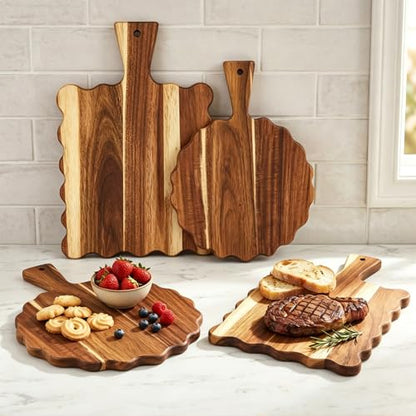 2Pcs Acacia Wood Scalloped Cutting Board with Handle Wooden Chopping Board Decorative Cutting Boards for Kitchen Decor Charcuterie Boards Serving Tray for Cheese Bread Pizza Fruit Meat