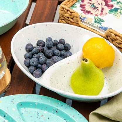 Confetti Divided Bowl Set of 2, 100% Melamine BPA-Free Stackable Unbreakable Bowls with Two Compartments, Ideal for Snacks, Chips & Dips, Cereal, Dishwasher-Safe Color: White - color: Confetti White