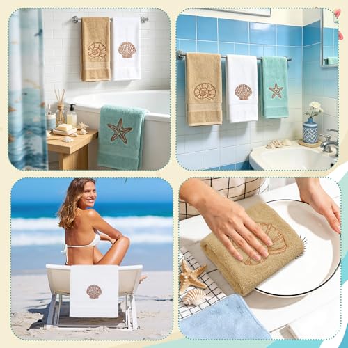 JarThenaAMCS 3Pcs Coastal Hand Towels Cotton Embroidered Bathroom Towel Ocean Beach Starfish Seashell Conch Decorative Dish Towel for Summer Holiday Home Bathroom Kitchen Decor