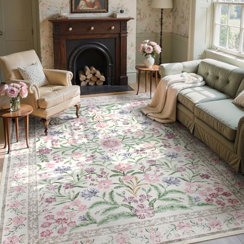 Wonnitar Purple Floral 8x10 Area Rugs, Washable Rug for Living Room, Soft Ultra-Thin Non-Shedding Large Indoor Boho Carpet for Bedroom Nursery Playroom Classroom Decor, Light Purple/Pink - color: Light Purple/Pink, size: 8' x 10' (Rectangular)