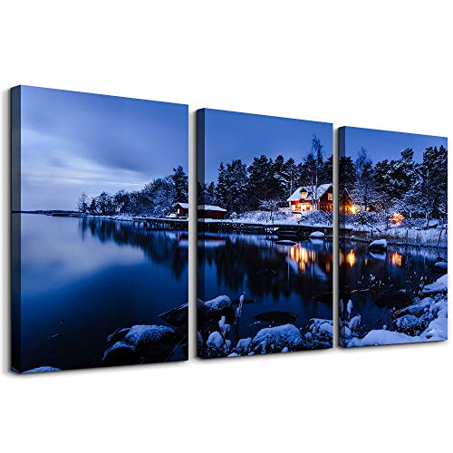 Snow in winter Wall Art for living room Canvas Prints Artwork bathroom Wall Decor Quiet blue lakes and villages painting 3 Pieces Framed bedroom wall decorations Office Home Decor - color: Blue lakes and villages, size: 12x16inches*3pcs