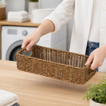 ZAVOOS 2 Pack Toilet Tank Basket with Handwoven Built-in Handle | Rectangular Wicker Shelf Baskets for Organizing, Countertop Storage Bin for Bathroom Tank Top, Bedroom Closet