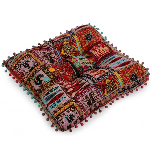 Boho Floor Cushion Seat Pillow, Thick Tufted Chair Pad with Pom Pom Trim, Cotton Linen Square Seating Cushion for Floor, Dining Chair, Reading Nook, Sofa, Office, Balcony and Living Room Decor - color: E