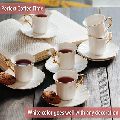 BTaT- Porcelain Espresso Cups Set, 3 oz, 6 Set, Small Coffee Mugs | Elegant White Cups Saucers Gold Trim Espresso Set Greek Arabic Turkish Coffee Gift Use - color: White, size: Set of 6