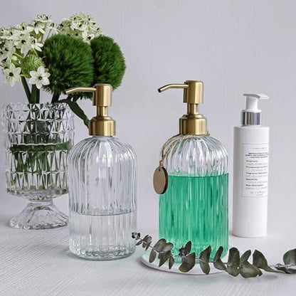 JASAI 2PACK 18Oz Fluted Glass Soap Dispenser with Golden Rust Proof Pump | Refillable Kitchen Soap Dispenser with Vertical Stripe, Bathroom Soap Dispenser for Hand Soap, Dish Soap, liquid Soap, Lotion - color: Clear-golden Pump-2p, size: 2 Pack