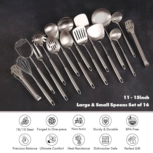 18/10 Stainless Steel Cooking Utensils Set - 16 PCS All Metal Utensils | Kitchen Tools - Whisk, Masher, Fork, Tong, Solid Slotted Spoon, Spatula, Turner, Ladle, Skimmer, Pasta, Small Large Spoon Set - color: 16-Pieces
