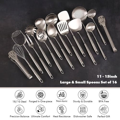 18/10 Stainless Steel Cooking Utensils Set - 16 PCS All Metal Utensils | Kitchen Tools - Whisk, Masher, Fork, Tong, Solid Slotted Spoon, Spatula, Turner, Ladle, Skimmer, Pasta, Small Large Spoon Set - color: 16-Pieces