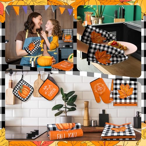 12 Pcs Fall Kitchen Towels and Oven Mitt Sets 4 Maple Leaf Oven Mitts 4 Harvest Dish Towels and 4 Plaid Pot Holders Pumpkin Cooking Accessories for Thanksgiving Autumn Kitchen Decoration - style: Maple Leaf