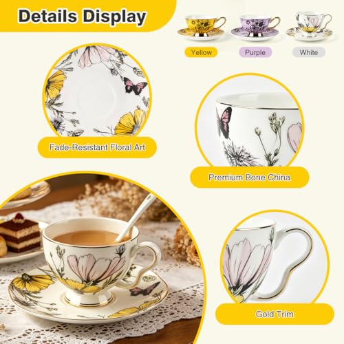 Tea Cup and Saucer Set, Floral with Gold Trim, 6.76 oz | Includes Spoon, British Style, Coffee & Latte Use, Party & Wedding Gifts, Christmas & Birthday Gifts - color: Butterfly01