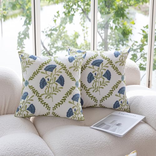 YIcabinet Pillow Covers Set of 2, Embroidered Blue Flower Pattern Throw Pillow Cover,Square Cotton Cushion,Pillow Case for Sofa Bedroom Couch,18"x18" - color: White26