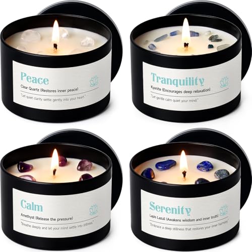 AOOVOO Crystal Calm Candles Set for Women - Soy Candle for Home Scented | 4 Pack 26 oz, 200 Hour Long Lasting Candle, Peace Clear Quartz/Tranquility Kyanite/Calm Amethyst/Serenity Lapis Lazuli - color: Calm Candles Set