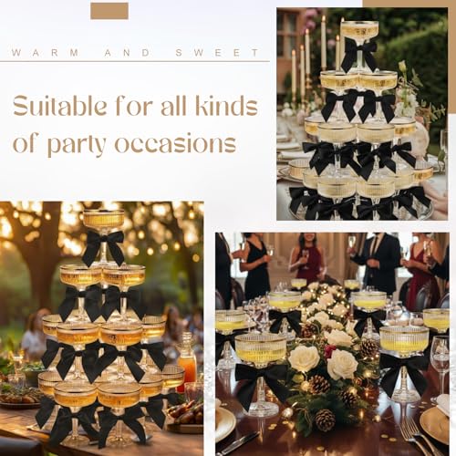 Set of 24 Plastic Champagne Coupe Glasses with Bow 7 oz Gold Champagne Tower Set Stackable Acrylic Ribbed Martini Glasses Cocktail Coupe Cup for Wedding Birthday Party Bar (Ribbon,Black) - color: Black, style: Ribbon