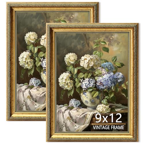 9x12 Picture Frames Set of 2, Vintage Photo Frame for Tabletop or Wall Decor, Fit with 9x12 Pictures, Ornate Gold Color, Perfect for Home Office Gallery Wall, 2 Pack - color: Gold Distressed, size: 9x12-2P