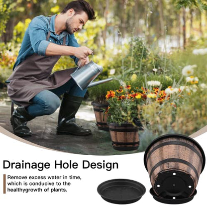 Quarut 3 Pack 10 inch Plant Pots,Whiskey Barrel Planters with Drainage Holes & Saucer, Plastic Decoration Flower Pots Imitation Wine Barrel Design, for Indoor & Outdoor Garden Home Plants (Brown) - size: 10 inches