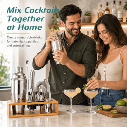 Cocktail Shaker Set, 18/8 Food-Grade Stainless Steel Mixology Bartender Kit 10-Piece Bar Tools with Stylish Bamboo Stand - Rust-Proof & Dishwasher Safe - Professional Martini Shaker Gift for Men, Dad