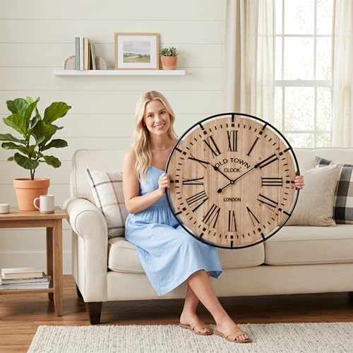 EMAX HOME 30 Inch Rustic Wall Clock, Warm Light Oak Wood Look with Black Iron Frame, Silent Sweep Movement, Clear Roman Numerals and Tick Marks, for Fireplace Mantel, Hallway, or Dining Room. - color: Brown, size: 30 Inch Black numerals