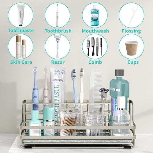 HapiRm Toothbrush Holders for Bathroom - 5 Partitions Bathroom Counter Organizer with Instant Drying Stone, Stainless Steel Countertop Storage Electric Toothbrush Toothpaste Holder - Brushed Nickel - color: Brushed Nickel