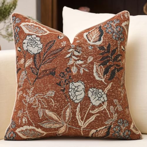 Rust Orange Floral Textured Throw Pillow Cover 18x18 Fall Vintage Accent Pillow Cover Farmhouse Summer Cushion Cover Chenille Neutral Flower Pillowcase Home Decor for Sofa Living Room Bed - color: Rust, size: 18" x 18" (Pack of 1)