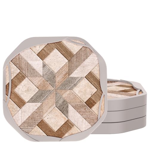 UMIRRO Absorbent Felt & Silicone Drink Coasters Set of 4, Wood-Look Mosaic | Leakproof & Non-Slip, Rustic Country Farmhouse Coffee Table Decor for Log Cabin, Home Bar, Kitchen, Distressed Geometric, 4" - color: 19. Wood Tile, size: 4 Pack