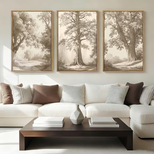 Vintage Tree Canvas Wall Art Framed Rustic Tree Landscape Sketch Antique Painting Neutral Forest Wall Decor 16x24 Inch Farmhouse Botanical Set of 3 for Living Room Bedroom - color: Vintage Tree, size: 24"L x 16"W