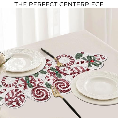 Christmas Beaded Table Runner, Red & White, 13x36 | Handcrafted, 85% glass beads, polyester backing, dining/console/coffee table, holidays, weddings, wipe-clean maintenance - color: Cherry Reddish, size: 36"x13"