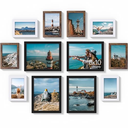 Vittanly 12 Pack Gallery Wall Frame Set, Black, Brown, White | Gallery Wall Frame Set: 4pcs 8x10, 4pcs 5x7 & 4pcs 4x6 Photos for Wall & Table, Picture Frames made of Engineered Wood - color: Black & Brown & White