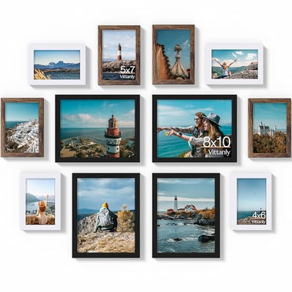 Vittanly 12 Pack Gallery Wall Frame Set, Black, Brown, White | Gallery Wall Frame Set: 4pcs 8x10, 4pcs 5x7 & 4pcs 4x6 Photos for Wall & Table, Picture Frames made of Engineered Wood - color: Black & Brown & White
