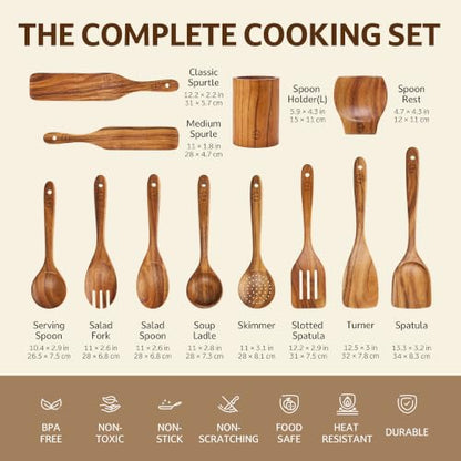 SOOMGYEOL SEOM 12-Piece Teak Wood Cooking Utensil Set With Holder | Natural Teak Wood, Uncoated, 8 Cooking Utensils, 2 Spurtles, Holder & Spoon Rest, Nonstick Safe - size: 12 PCS Set