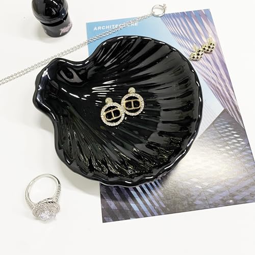 Shell Shape Ring Holder Dish, Seashell Jewelry Dish Tray, Ceramic Trinket Tray for Rings Earrings Necklaces Bracelet, Birthday Mother's Day Christmas Gift for Mom Friend Sister, 3.9", Black - color: Black
