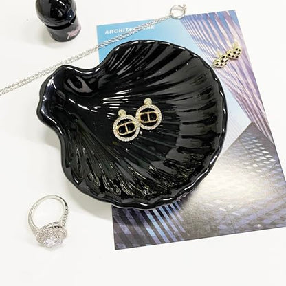 Shell Shape Ring Holder Dish, Seashell Jewelry Dish Tray, Ceramic Trinket Tray for Rings Earrings Necklaces Bracelet, Birthday Mother's Day Christmas Gift for Mom Friend Sister, 3.9", Black - color: Black