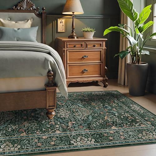 3x5 Washable Area Rug Non-Slip Indoor Mat for Bedroom Green Blue | Soft Low-Pile Throw Rug,Vintage Distressed Botanical Birds Carpet,Stain Resistant Boho Rug for Living Room Kitchen Nursery - color: Dark Green (Larger Pattern), size: 3' x 5' (Rectangular)