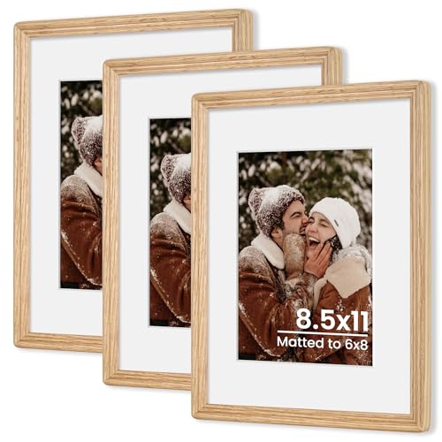 8.5x11 Natural Solid Oak Wood Picture Frame with 6x8 Mat, Premium Rustic Wooden Photo Frames with Plexiglass, Poster Photo Frame for Gallery Wall Hanging Vertically or Horizontally, 3 Packs - color: Natural, size: 8.5x11-3P