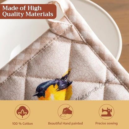 Maison d' Hermine 100% Cotton Oven Mitt & Pot Holder Set (7.5"x13" & 8"x8") | Heat Resistant BBQ Cooking Gloves with Loop Baking Grilling Kitchen Hotel Home Farmhouse Spring Summer - Birdies on Wire - color: 003 - Birdies on Wire, size: 7.5" x 13" & 8" x