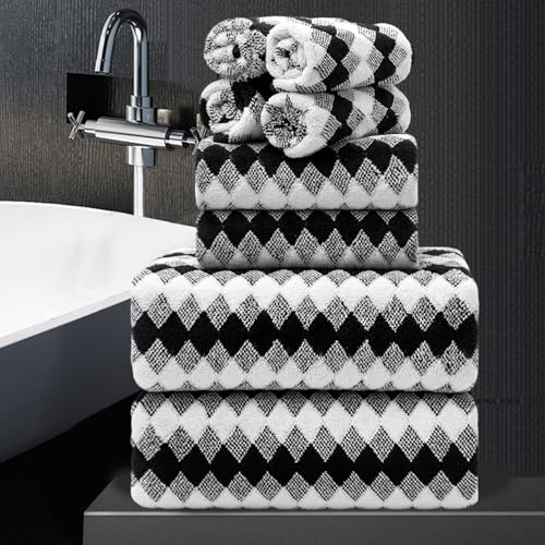 8 Piece Bathroom Towel Set Black White|2 Oversized Large Bath Towels Sheet,2 Hand Towels,4 Washcloths| 600GSM Soft Towel Set for Bathroom Hotel,Highly Absorbent Quick Dry Bath Towel Collections - color: Diamond Black White, size: 8 Piece Towel Set
