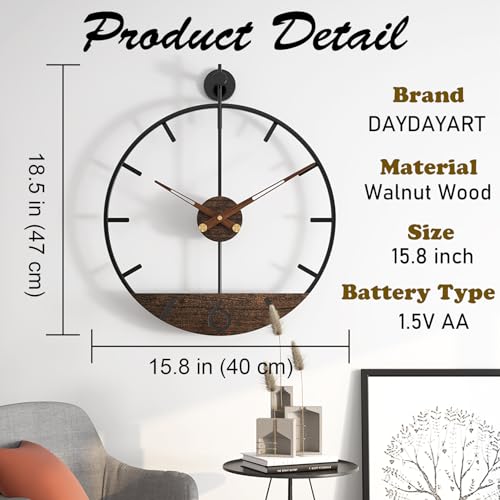 Modern Wood Walnut Dial Wall Clock, Large Simple Wall Decor Metal Frame Silent Non Ticking Clock for Living Room Decor, Kitchen, Bedroom, Study Decoration, Handmade Home Gift Idea, 15.8 in - size: 1.Medium 18.5In(47cm)