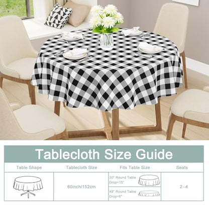 Round Waterproof Vinyl Table Cloth, Buffalo Flannel Backed Tablecloth, Wipeable Plastic Table Cover for Dinner, Kitchen, Picnic (60", Black and White) - color: Black and White, size: 60" (Round)