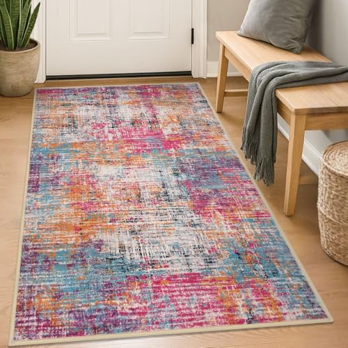 KILOCOCO Abstract Area Rug 3x5 Entryway Rug Washable Rugs, Pink/Orange/Blue | Non Slip Kitchen Rugs, Soft Front Door Rug, Machine Washable Rugs 3x5, Indoor Foyer Rug, Living Room Floor Carpet - color: Multi Pink, size: 3' x 5' (Rectangular)
