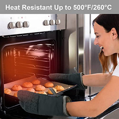 KEGOUU Oven Mitts and Pot Holders 6pcs Set, Kitchen Oven Glove High Heat Resistant 500 Degree Extra Long Oven Mitts and Potholder with Non-Slip Silicone Surface for Cooking (Deep Green) - color: Deep Green