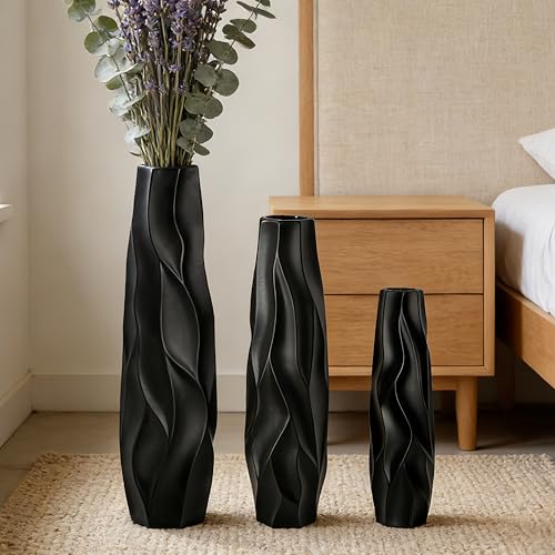 Black Tall Ceramic Floor Vase, 28 Inch, Pleated Wave Design | Matte Finish, Spacious Rooms, Statement Corners, Fireplace, Dried Branches - size: 28 Inch