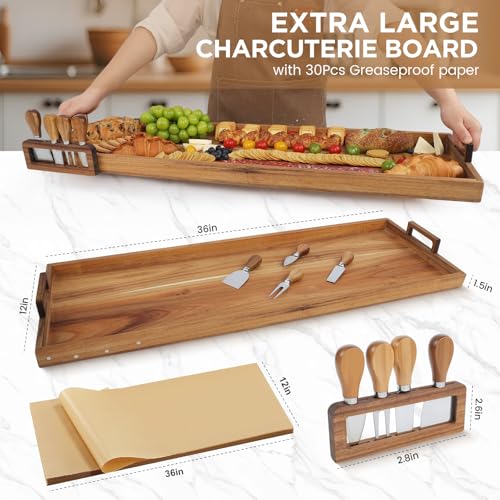Acacia Wood Large Charcuterie Board 36x12 Inch with Cheese Knife Set | Extra Large Acacia Wood Board with Handles,30PCS Wax Paper Inlucded,3ft Long Tray for Party,Picnic and Home Entertaining - size: 36 Inches