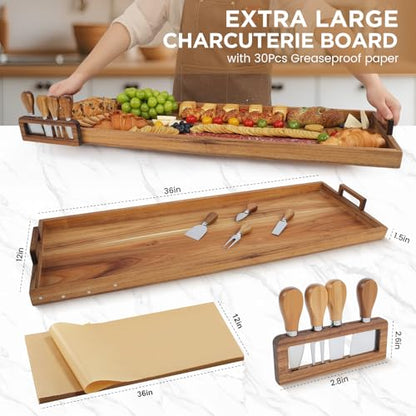 Acacia Wood Large Charcuterie Board 36x12 Inch with Cheese Knife Set | Extra Large Acacia Wood Board with Handles,30PCS Wax Paper Inlucded,3ft Long Tray for Party,Picnic and Home Entertaining - size: 36 Inches